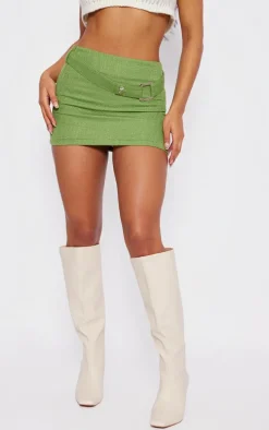 Green Boucle Belted Mini Skirt