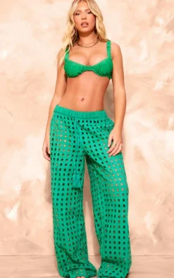 Green Broderie Cut Out Wide Leg Beach Pants