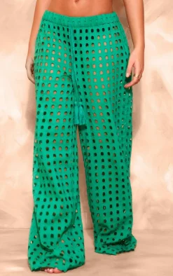 Green Broderie Cut Out Wide Leg Beach Pants