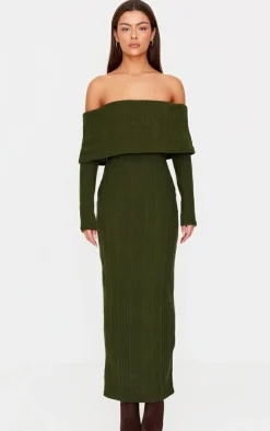 Green Brushed Rib Bardot Maxi Dress