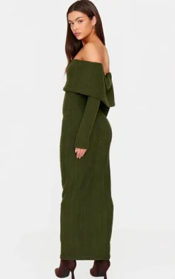 Green Brushed Rib Bardot Maxi Dress