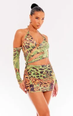 Green Butterfly Print Ring Detail Cut Out Long Sleeve Bodycon Dress