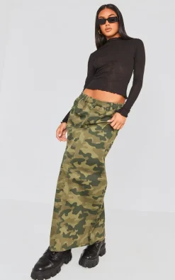Green Camo Print Woven Elasticated Waist Maxi Skirt