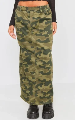 Green Camo Print Woven Elasticated Waist Maxi Skirt
