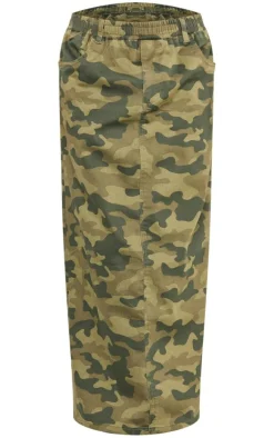 Green Camo Print Woven Elasticated Waist Maxi Skirt