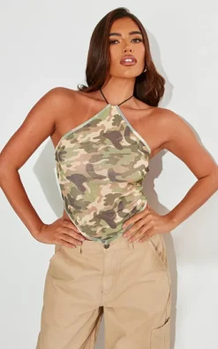 Green Camo Printed Mesh Halter Neck Top