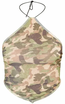 Green Camo Printed Mesh Halter Neck Top