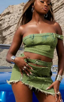 Green Cast Frayed Asymmetric Bandeau Top