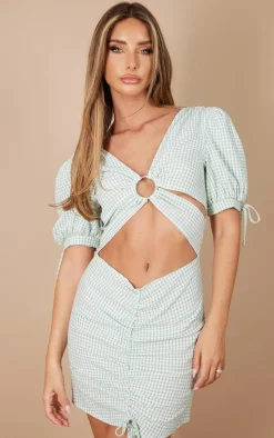 Green Check Chiffon Ring Detail Cut Out Bodycon Dress