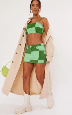Green Check Print Denim Micro Mini Skirt
