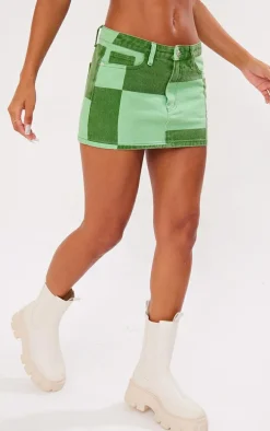 Green Check Print Denim Micro Mini Skirt