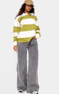 Green Collared Stripey Oversized Long Sleeve T Shirt