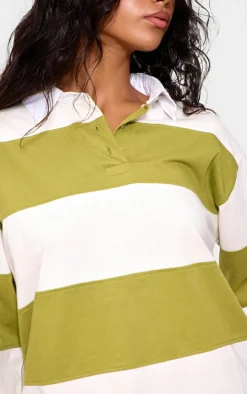 Green Collared Stripey Oversized Long Sleeve T Shirt