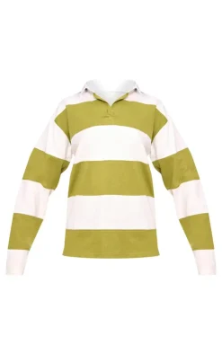 Green Collared Stripey Oversized Long Sleeve T Shirt