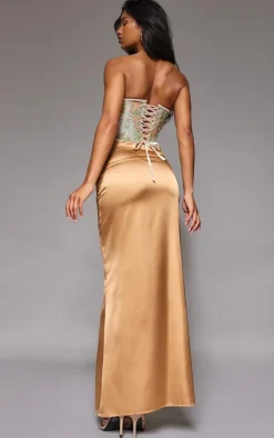 Green Contrast Binding Jacquard Hook & Eye Corset