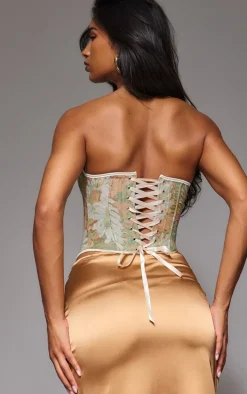 Green Contrast Binding Jacquard Hook & Eye Corset
