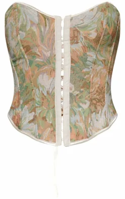 Green Contrast Binding Jacquard Hook & Eye Corset