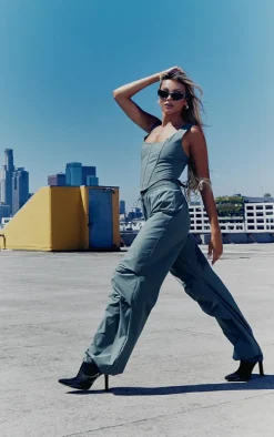 Green Corset Detail Parachute Utility Jumpsuit