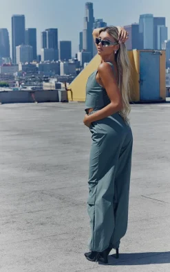 Green Corset Detail Parachute Utility Jumpsuit