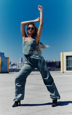 Green Corset Detail Parachute Utility Jumpsuit