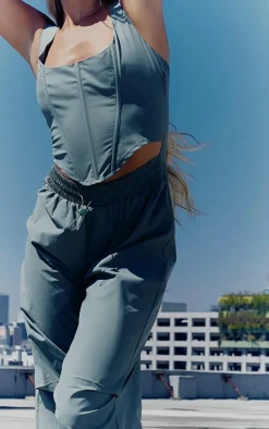 Green Corset Detail Parachute Utility Jumpsuit