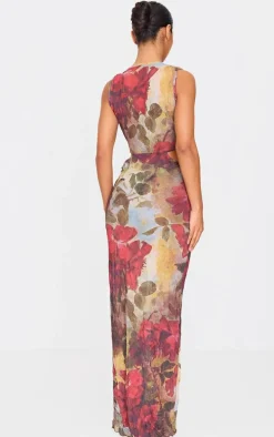 Green Crinkle Mesh Printed Cut Out Maxi Dress