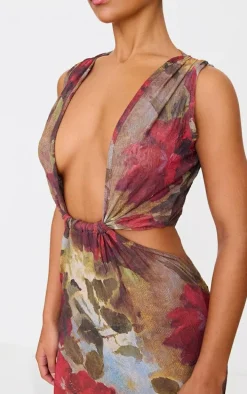 Green Crinkle Mesh Printed Cut Out Maxi Dress