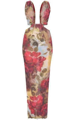 Green Crinkle Mesh Printed Cut Out Maxi Dress