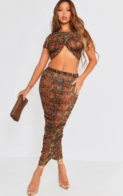 Green Croc Printed Mesh Ruched Midaxi Skirt