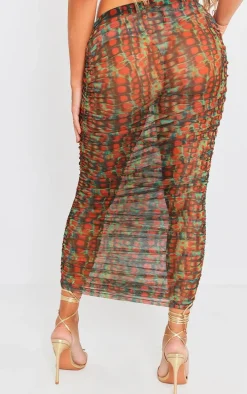 Green Croc Printed Mesh Ruched Midaxi Skirt
