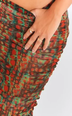 Green Croc Printed Mesh Ruched Midaxi Skirt