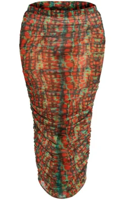 Green Croc Printed Mesh Ruched Midaxi Skirt
