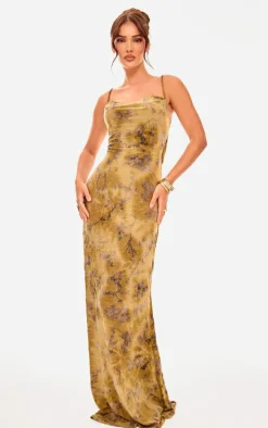 Green Devore Cowl Neck Lace Up Back Maxi Dress