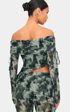 Green Devore Mesh Foldover Long Sleeve Top