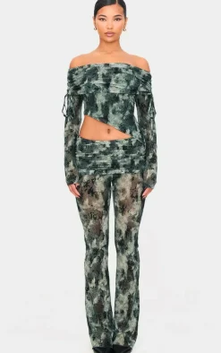 Green Devore Mesh Foldover Long Sleeve Top