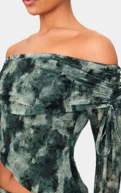 Green Devore Mesh Foldover Long Sleeve Top