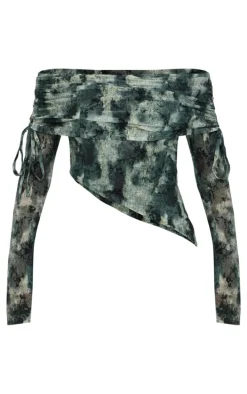 Green Devore Mesh Foldover Long Sleeve Top