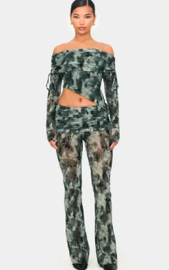 Green Devore Mesh Foldover Slim Flare Pants