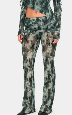 Green Devore Mesh Foldover Slim Flare Pants