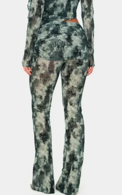 Green Devore Mesh Foldover Slim Flare Pants