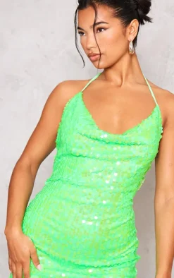 Green Disk Sequin Cowl Halterneck Bodycon Dress