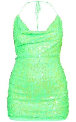 Green Disk Sequin Cowl Halterneck Bodycon Dress