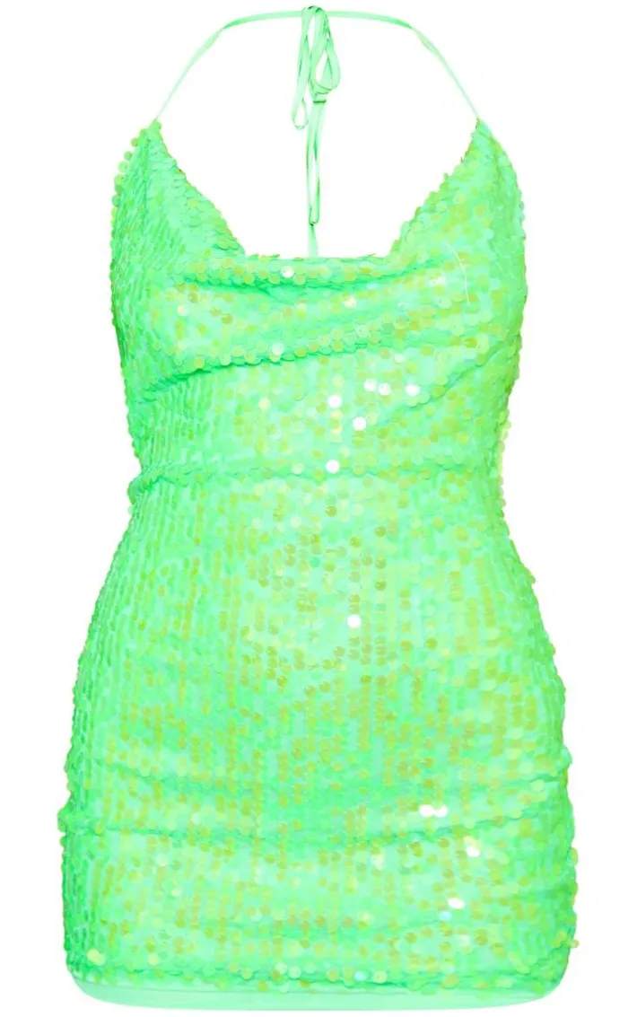 Green Disk Sequin Cowl Halterneck Bodycon Dress