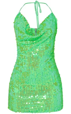 Green Disk Sequin Cowl Halterneck Bodycon Dress