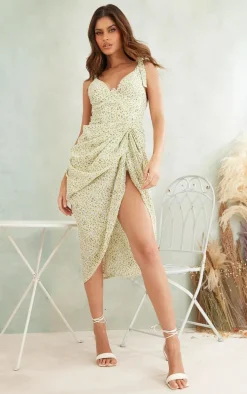 Green Ditsy Floral Print Underwire Detail Draped Midi Dress