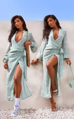 Green Ditsy Floral Satin Wrap Midaxi Dress