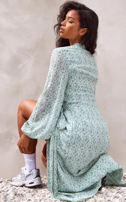 Green Ditsy Floral Satin Wrap Midaxi Dress