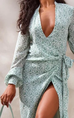 Green Ditsy Floral Satin Wrap Midaxi Dress