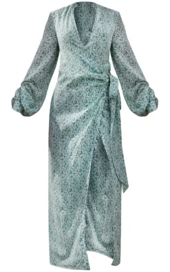 Green Ditsy Floral Satin Wrap Midaxi Dress