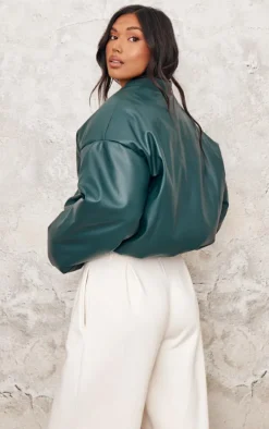Green Faux Leather Oversized Bomber Jacket